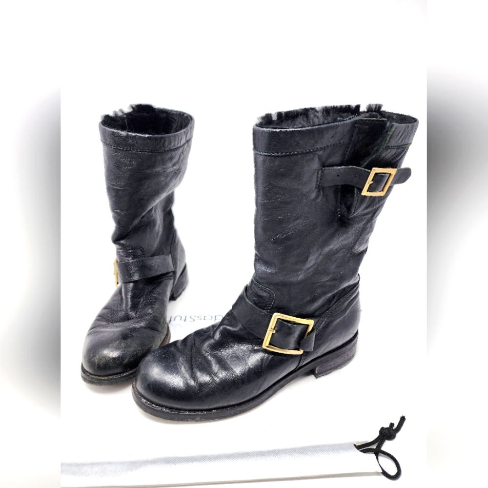 Jimmy Choo Black Leather Fur-Lined Moto Boots 35